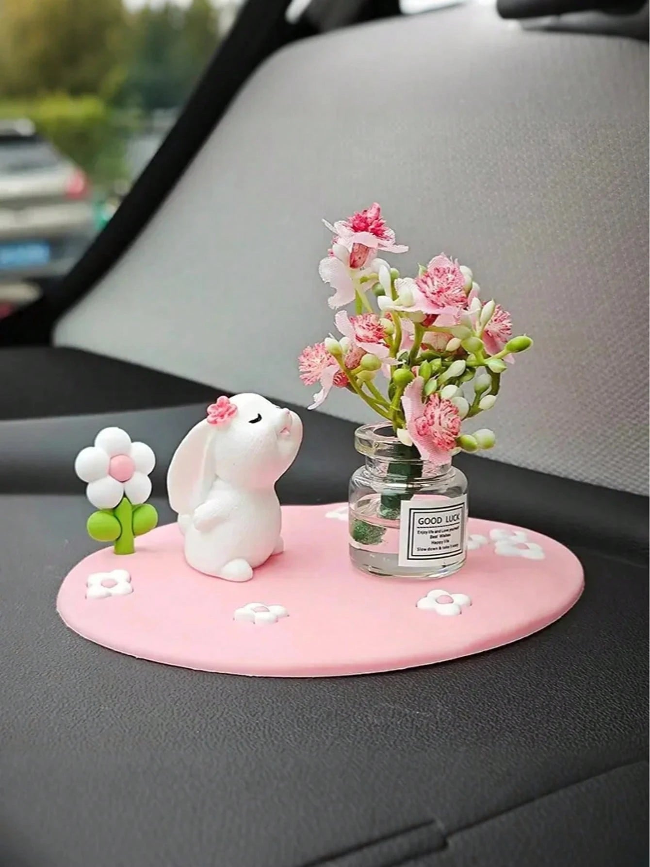 Creative Cute Daisy & Four-Leaf Clover Coaster, Decorative Accessory Mini Car/Desktop Ornament, Adorable Rubber Rabbit & Cat Car Decor, Mini Vase With Cute Animal Figurine, Suitable For Car Interior D