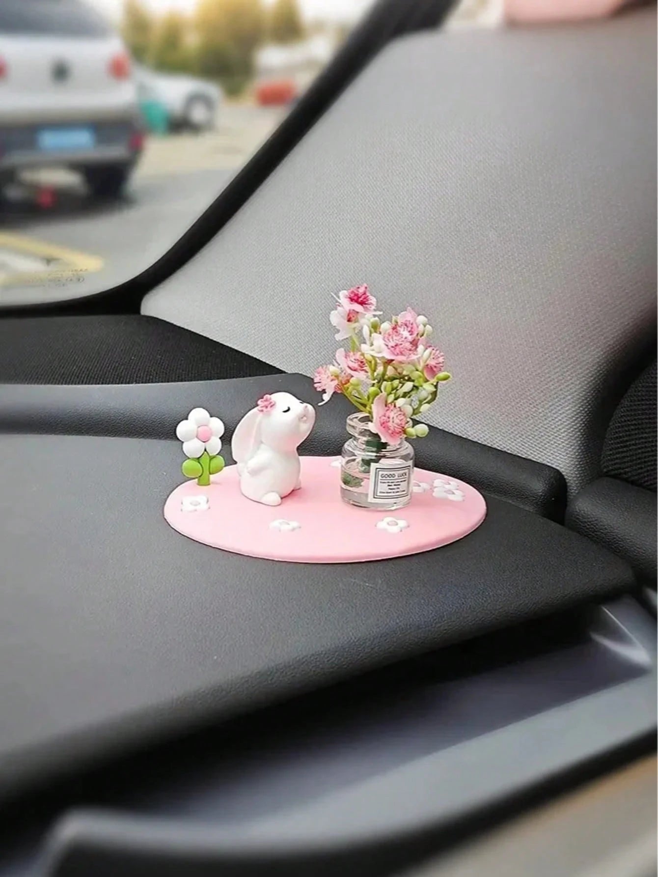 Creative Cute Daisy & Four-Leaf Clover Coaster, Decorative Accessory Mini Car/Desktop Ornament, Adorable Rubber Rabbit & Cat Car Decor, Mini Vase With Cute Animal Figurine, Suitable For Car Interior D