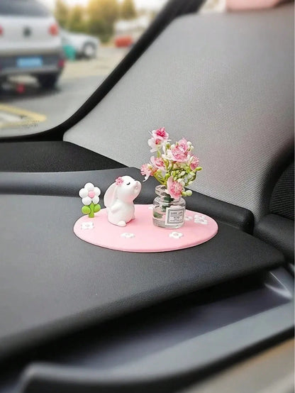 Creative Cute Daisy & Four-Leaf Clover Coaster, Decorative Accessory Mini Car/Desktop Ornament, Adorable Rubber Rabbit & Cat Car Decor, Mini Vase With Cute Animal Figurine, Suitable For Car Interior D