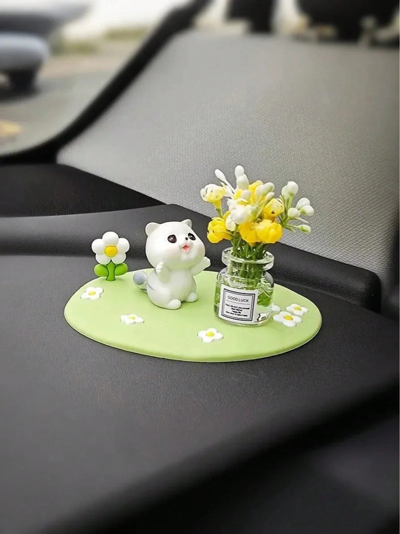 Creative Cute Daisy & Four-Leaf Clover Coaster, Decorative Accessory Mini Car/Desktop Ornament, Adorable Rubber Rabbit & Cat Car Decor, Mini Vase With Cute Animal Figurine, Suitable For Car Interior D