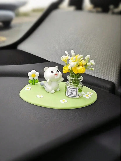 Creative Cute Daisy & Four-Leaf Clover Coaster, Decorative Accessory Mini Car/Desktop Ornament, Adorable Rubber Rabbit & Cat Car Decor, Mini Vase With Cute Animal Figurine, Suitable For Car Interior D