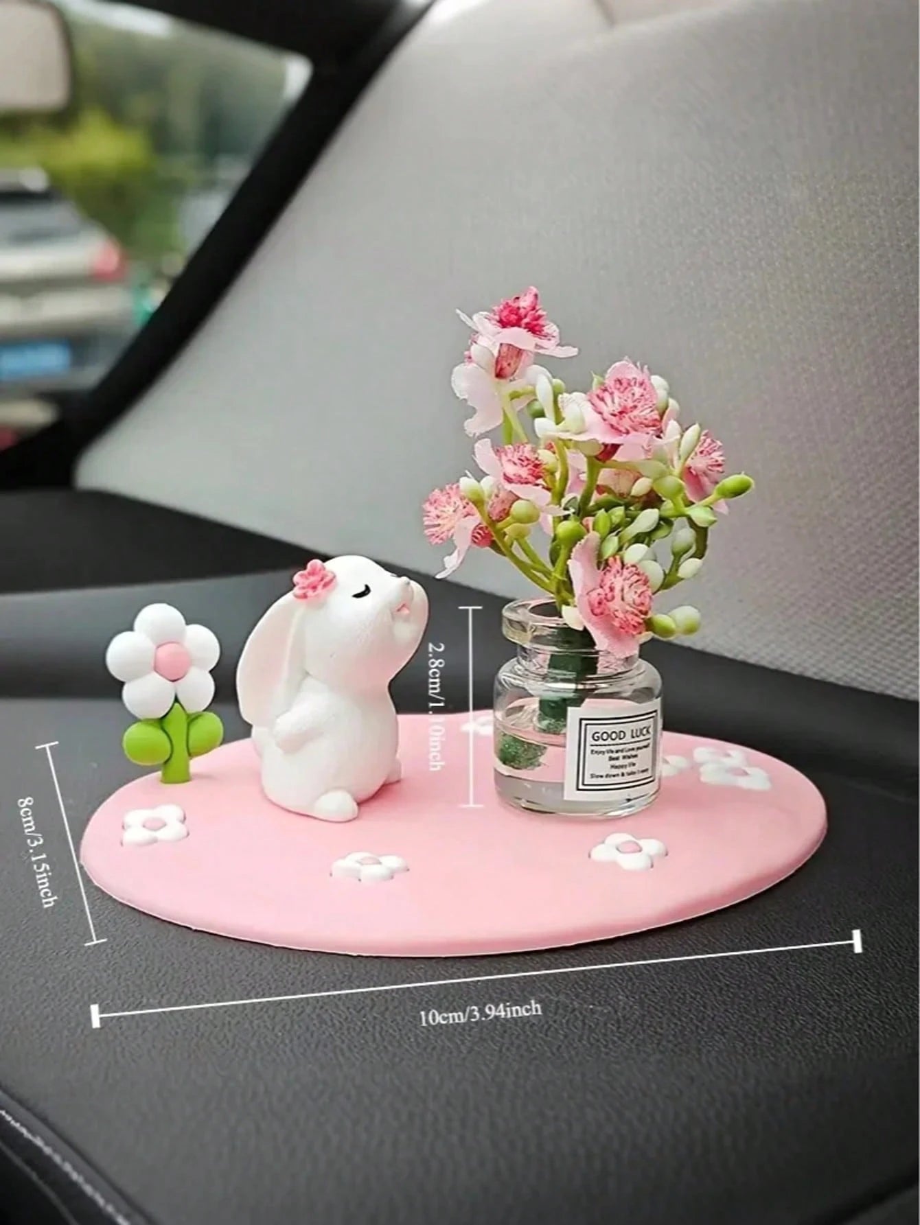 Creative Cute Daisy & Four-Leaf Clover Coaster, Decorative Accessory Mini Car/Desktop Ornament, Adorable Rubber Rabbit & Cat Car Decor, Mini Vase With Cute Animal Figurine, Suitable For Car Interior D
