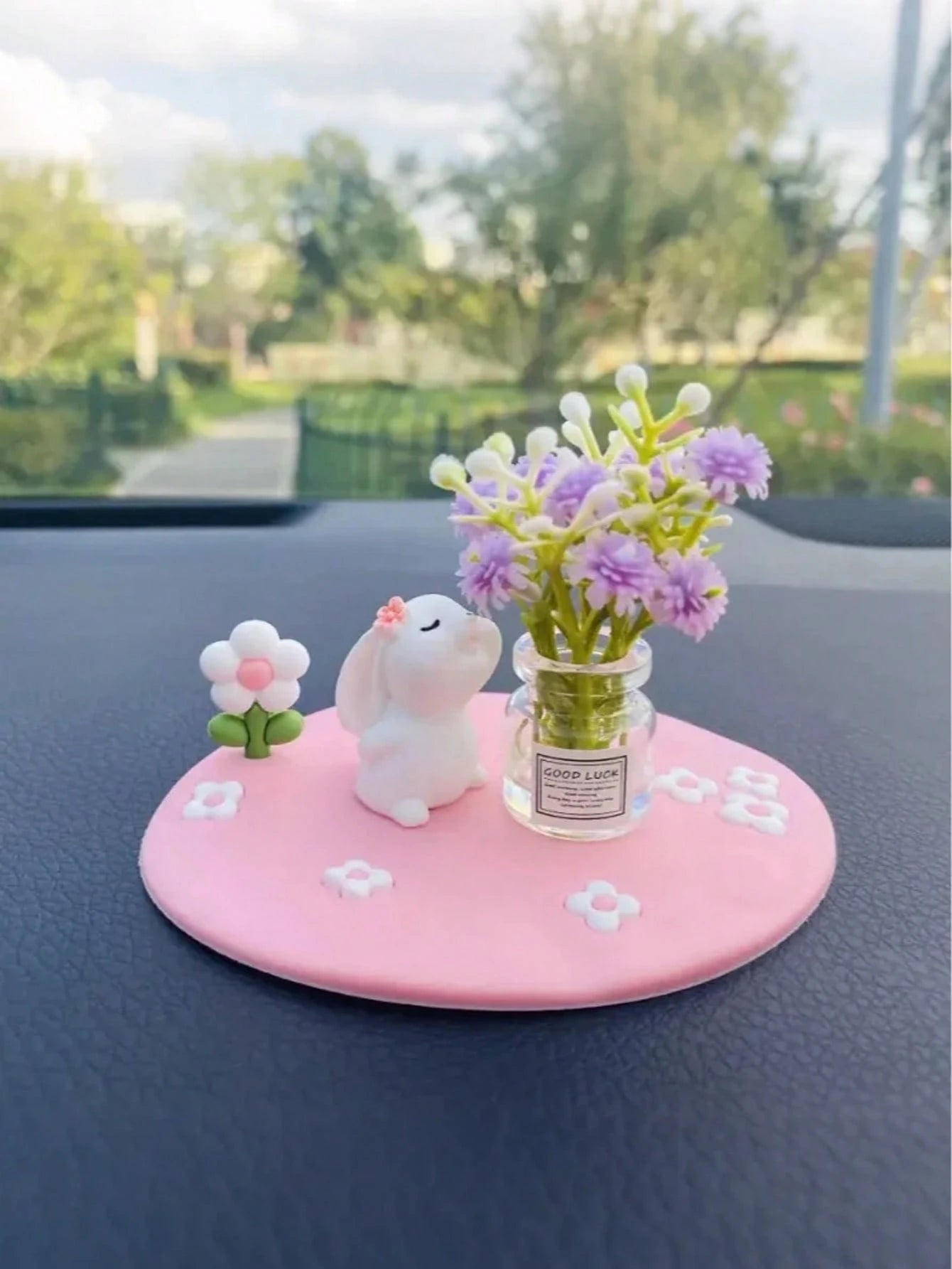 Creative Cute Daisy & Four-Leaf Clover Coaster, Decorative Accessory Mini Car/Desktop Ornament, Adorable Rubber Rabbit & Cat Car Decor, Mini Vase With Cute Animal Figurine, Suitable For Car Interior D