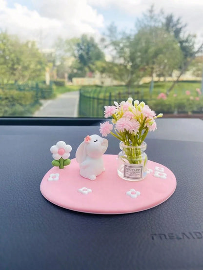 Creative Cute Daisy & Four-Leaf Clover Coaster, Decorative Accessory Mini Car/Desktop Ornament, Adorable Rubber Rabbit & Cat Car Decor, Mini Vase With Cute Animal Figurine, Suitable For Car Interior D