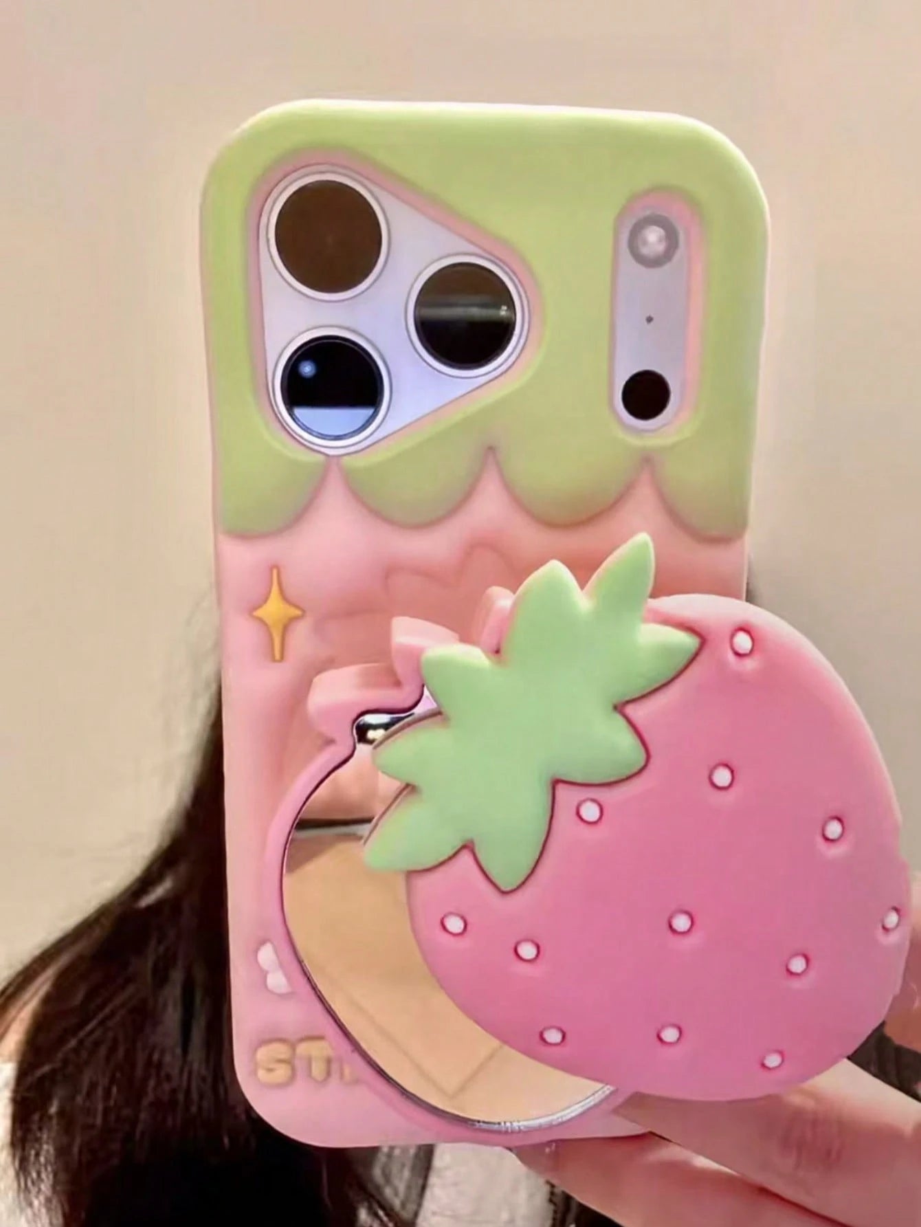 Creative Flip Mirror Strawberry Silicone Phone Case, Compatible With Apple 16/17 Pro Max/ 15 Pro, Anti-Drop New Protective Cover, Creative Design For Women