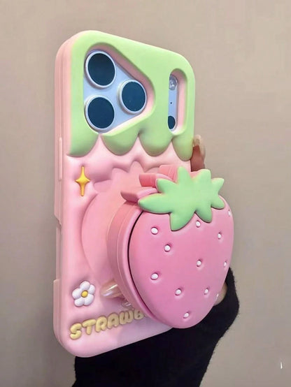 Creative Flip Mirror Strawberry Silicone Phone Case, Compatible With Apple 16/17 Pro Max/ 15 Pro, Anti-Drop New Protective Cover, Creative Design For Women