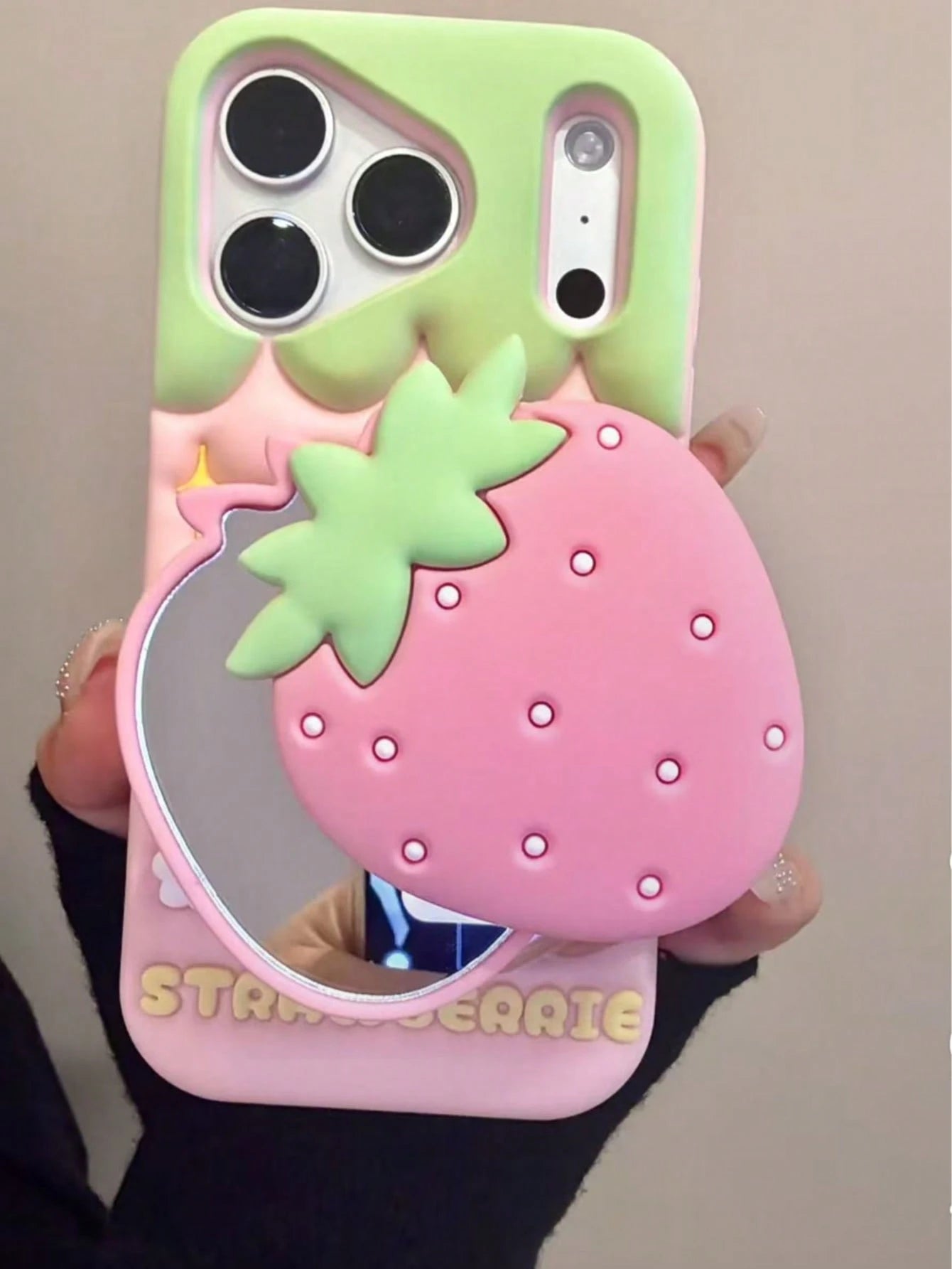 Creative Flip Mirror Strawberry Silicone Phone Case, Compatible With Apple 16/17 Pro Max/ 15 Pro, Anti-Drop New Protective Cover, Creative Design For Women
