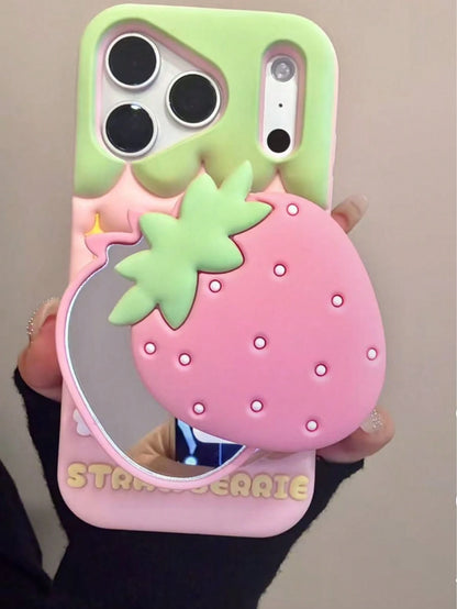 Creative Flip Mirror Strawberry Silicone Phone Case, Compatible With Apple 16/17 Pro Max/ 15 Pro, Anti-Drop New Protective Cover, Creative Design For Women