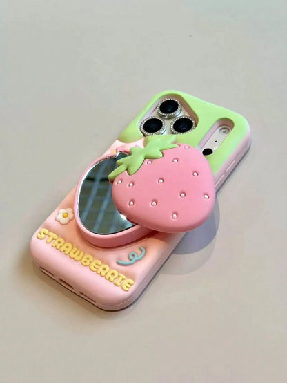 Creative Flip Mirror Strawberry Silicone Phone Case, Compatible With Apple 16/17 Pro Max/ 15 Pro, Anti-Drop New Protective Cover, Creative Design For Women