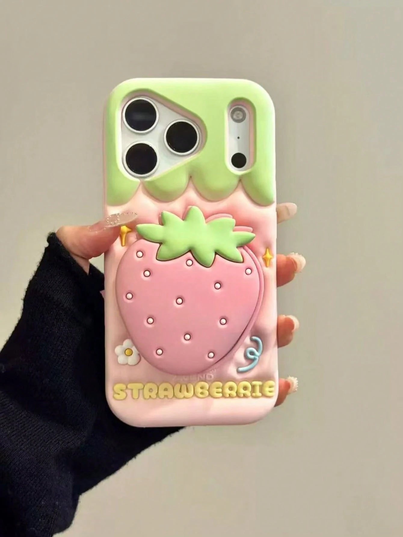 Creative Flip Mirror Strawberry Silicone Phone Case, Compatible With Apple 16/17 Pro Max/ 15 Pro, Anti-Drop New Protective Cover, Creative Design For Women