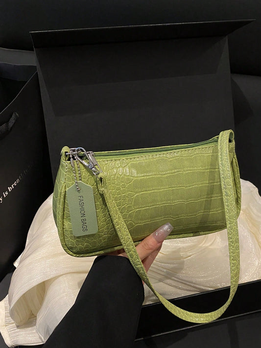 Crocodile Embossed Korean Style Women's Handbag, New Fashion Shoulder Bag, Minimalist Crescent Shaped Tote Bag For Women, Commuting, Green