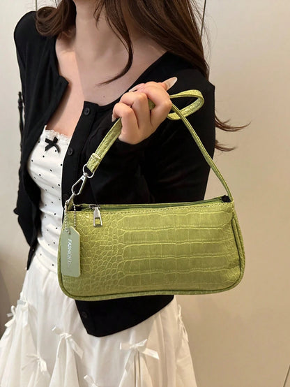 Crocodile Embossed Korean Style Women's Handbag, New Fashion Shoulder Bag, Minimalist Crescent Shaped Tote Bag For Women, Commuting, Green