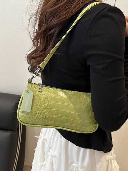 Crocodile Embossed Korean Style Women's Handbag, New Fashion Shoulder Bag, Minimalist Crescent Shaped Tote Bag For Women, Commuting, Green