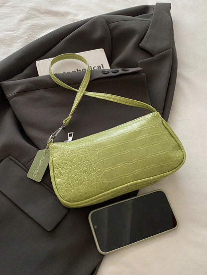 Crocodile Embossed Korean Style Women's Handbag, New Fashion Shoulder Bag, Minimalist Crescent Shaped Tote Bag For Women, Commuting, Green