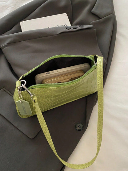 Crocodile Embossed Korean Style Women's Handbag, New Fashion Shoulder Bag, Minimalist Crescent Shaped Tote Bag For Women, Commuting, Green