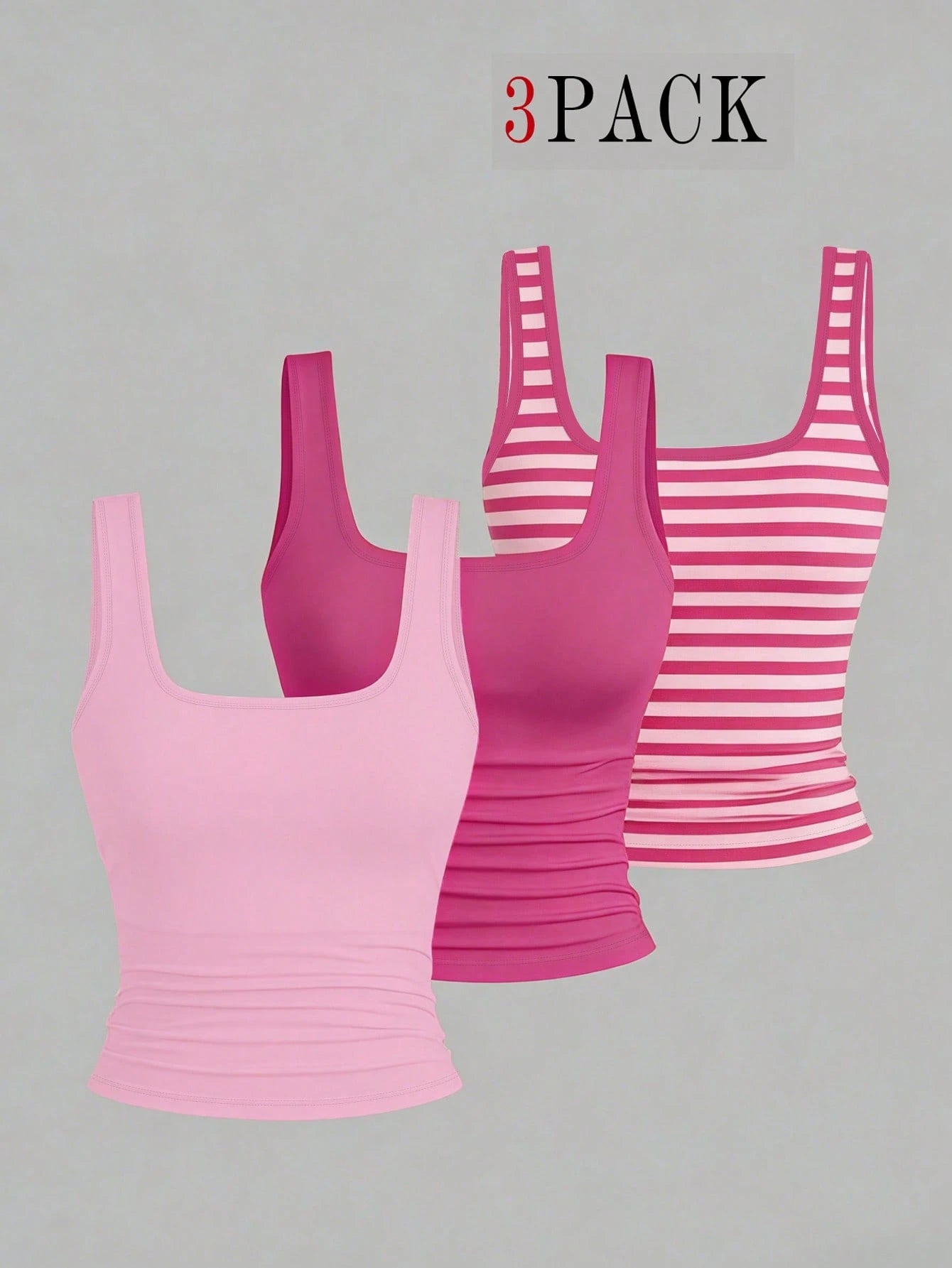 CURVE+ 3pcs Plus Size Women's Casual Solid Color Stripe Full Printed Pattern Sleeveless Vest Set, Summer Formal Pink Hot Pink