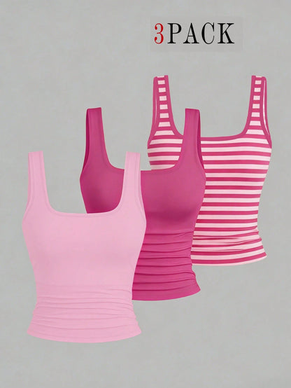 CURVE+ 3pcs Plus Size Women's Casual Solid Color Stripe Full Printed Pattern Sleeveless Vest Set, Summer Formal Pink Hot Pink