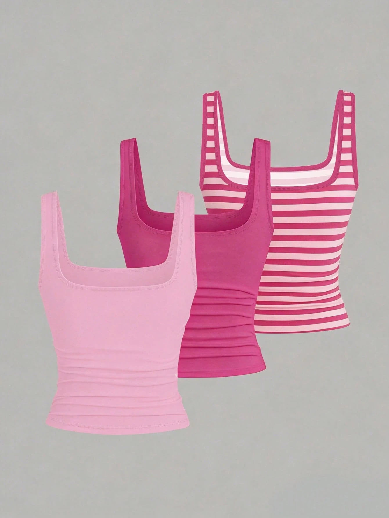 CURVE+ 3pcs Plus Size Women's Casual Solid Color Stripe Full Printed Pattern Sleeveless Vest Set, Summer Formal Pink Hot Pink
