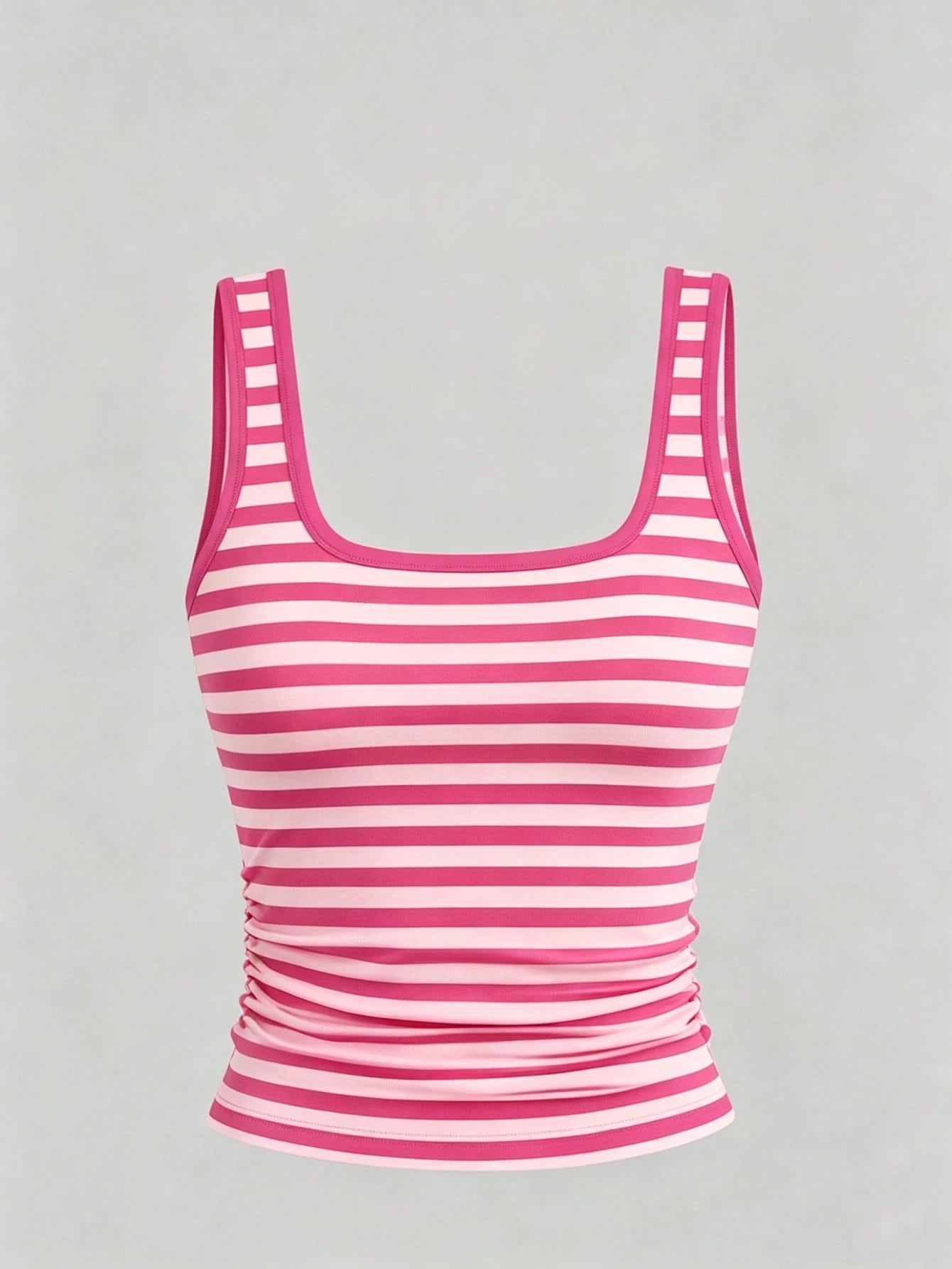CURVE+ 3pcs Plus Size Women's Casual Solid Color Stripe Full Printed Pattern Sleeveless Vest Set, Summer Formal Pink Hot Pink