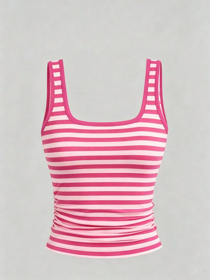 CURVE+ 3pcs Plus Size Women's Casual Solid Color Stripe Full Printed Pattern Sleeveless Vest Set, Summer Formal Pink Hot Pink