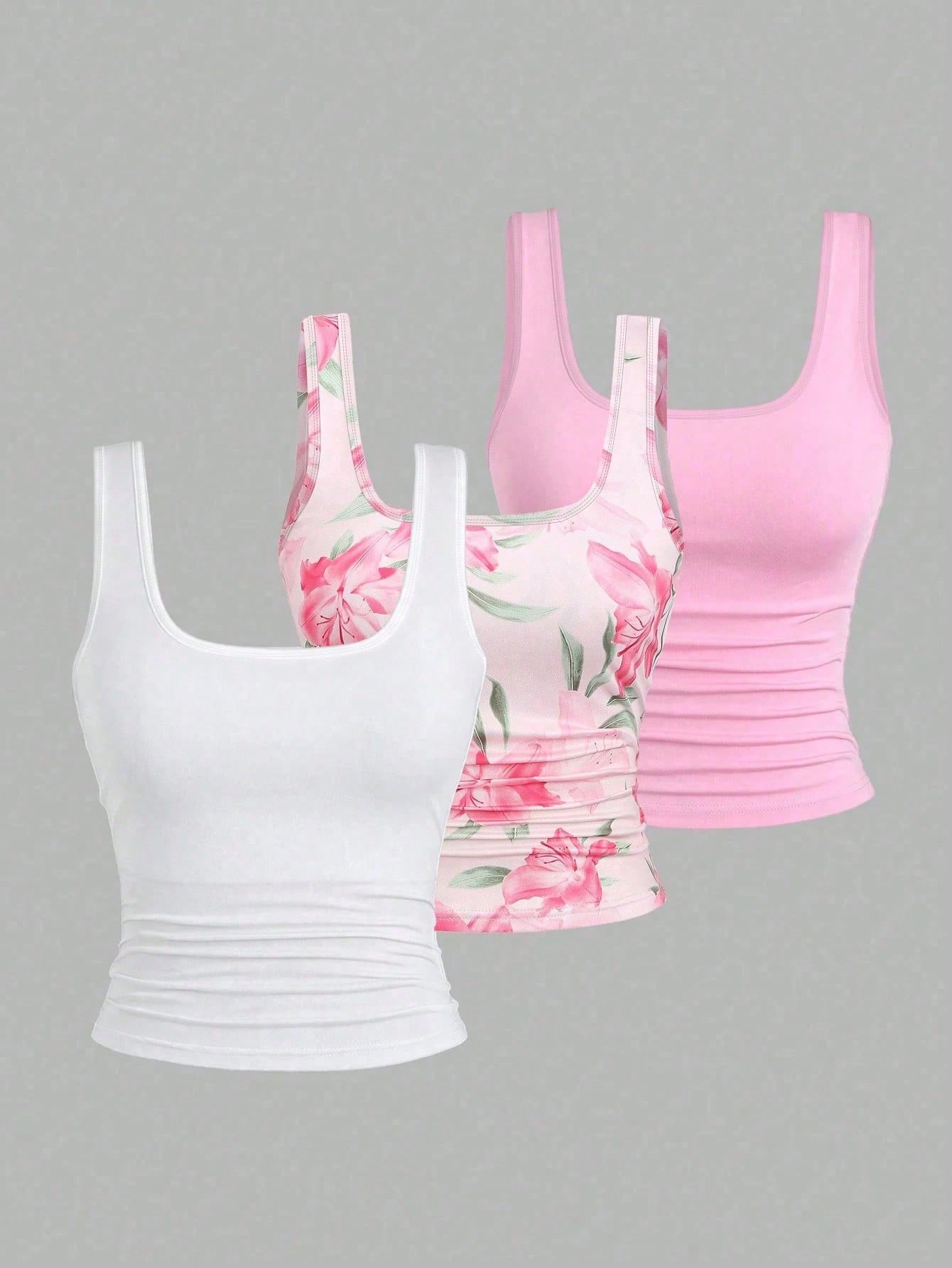 CURVE+ 3pcs Plus Size Women's Casual Solid Color Stripe Full Printed Pattern Sleeveless Vest Set, Summer Formal Pink Hot Pink