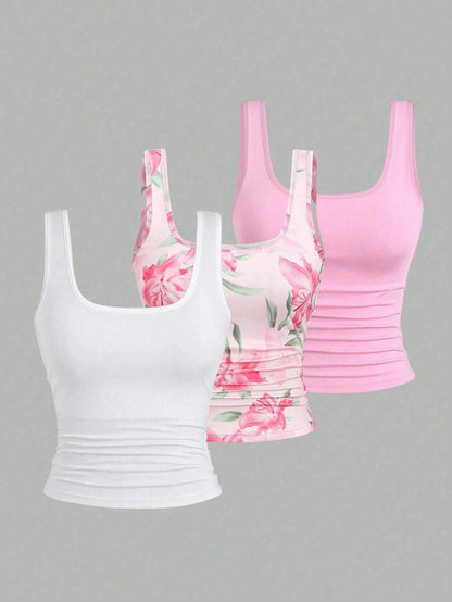 CURVE+ 3pcs Plus Size Women's Casual Solid Color Stripe Full Printed Pattern Sleeveless Vest Set, Summer Formal Pink Hot Pink