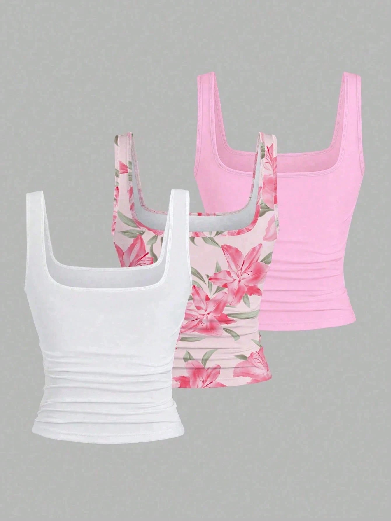 CURVE+ 3pcs Plus Size Women's Casual Solid Color Stripe Full Printed Pattern Sleeveless Vest Set, Summer Formal Pink Hot Pink