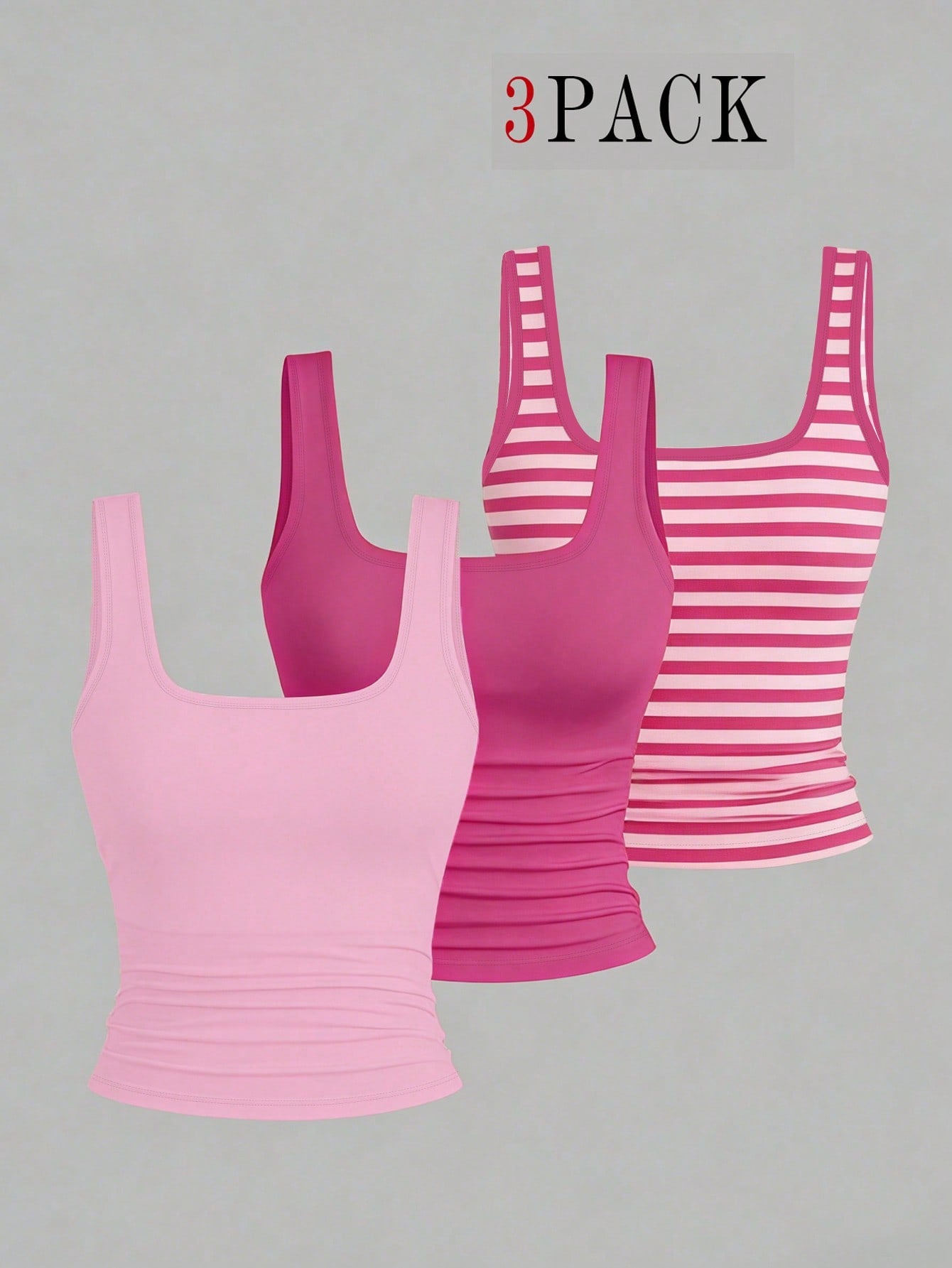 CURVE+ 3pcs Plus Size Women's Casual Solid Color Stripe Full Printed Pattern Sleeveless Vest Set, Summer Formal Pink Hot Pink