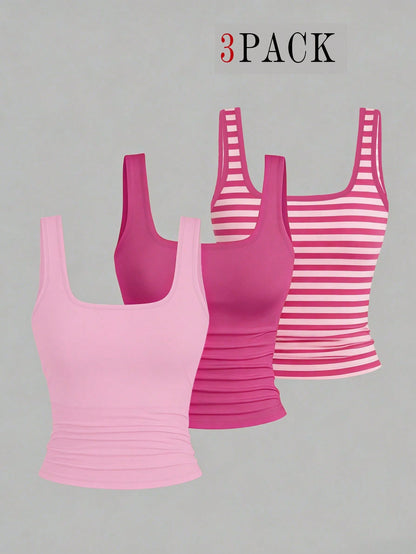 CURVE+ 3pcs Plus Size Women's Casual Solid Color Stripe Full Printed Pattern Sleeveless Vest Set, Summer Formal Pink Hot Pink