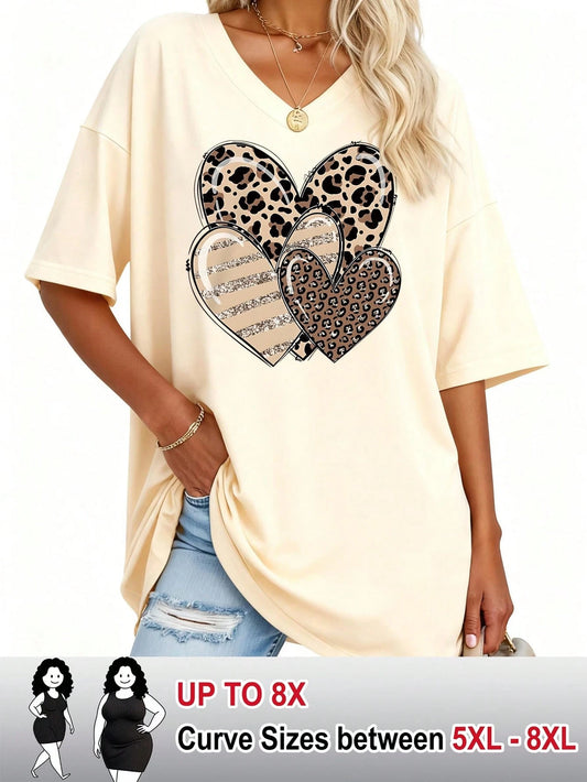 CURVE+ Apricot V Neck Short Sleeve Casual Plus Size T-Shirt Women Oversized Leopard Print Hearts Graphic Tees,White Summer Sequin Teacher Cute Heart Tops