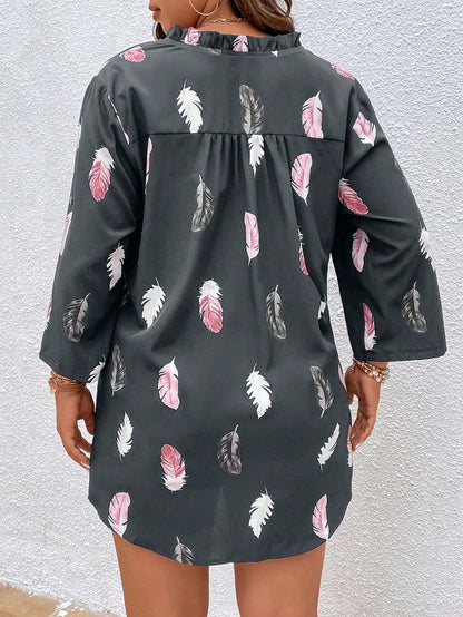 CURVE+ Plus Size Casual Simple V-Neck Feather Printed Shirt Fall