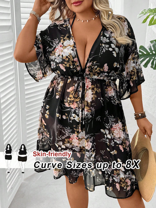 CURVE+ Plus Size Floral Print Tie Front Ruffle Hem Cover Up,Women's Summer Boho Black Beach Holiday Vacation Outfits,Curve Dress For Country Concert Outfit