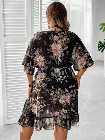 CURVE+ Plus Size Floral Print Tie Front Ruffle Hem Cover Up,Women's Summer Boho Black Beach Holiday Vacation Outfits,Curve Dress For Country Concert Outfit