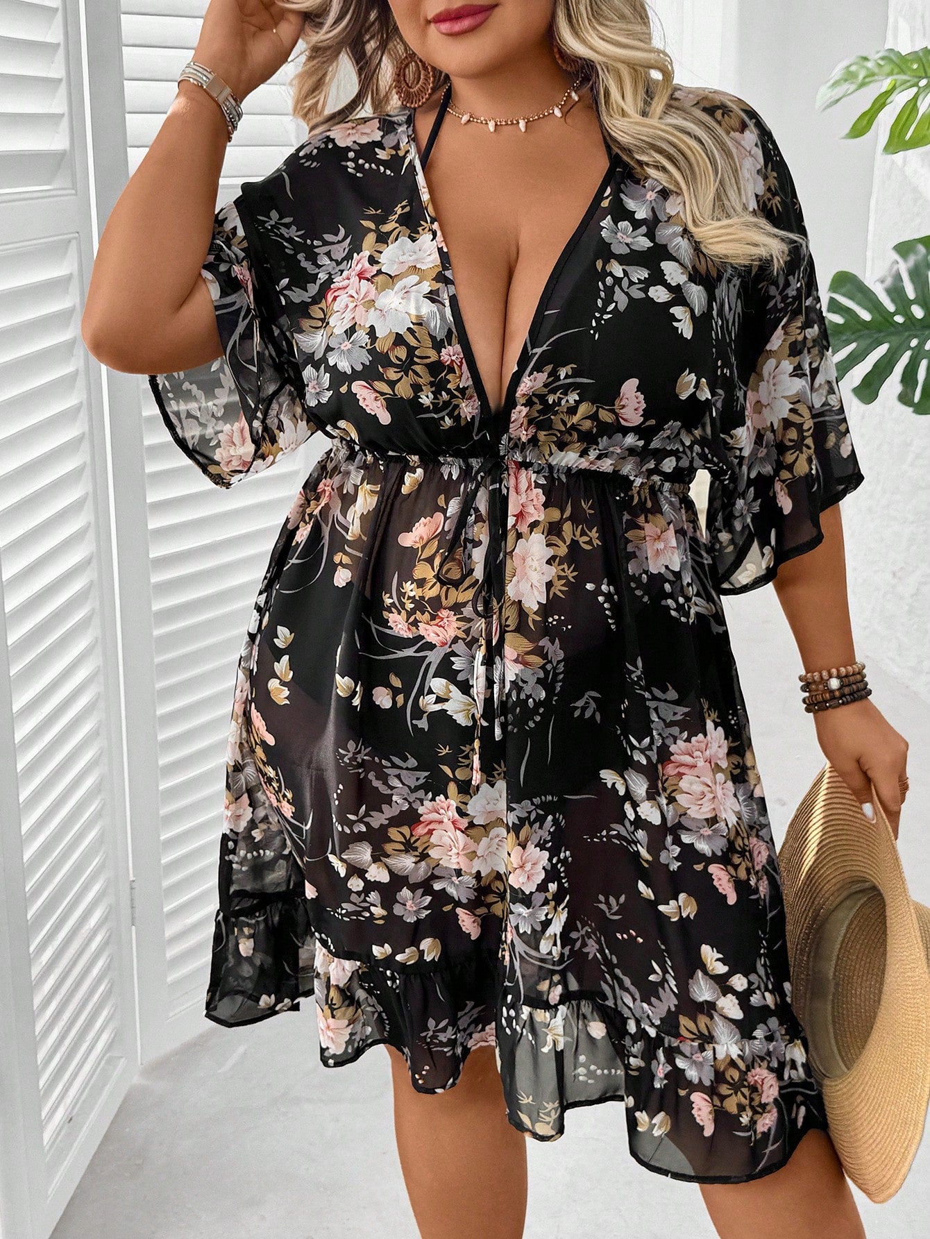 CURVE+ Plus Size Floral Print Tie Front Ruffle Hem Cover Up,Women's Summer Boho Black Beach Holiday Vacation Outfits,Curve Dress For Country Concert Outfit