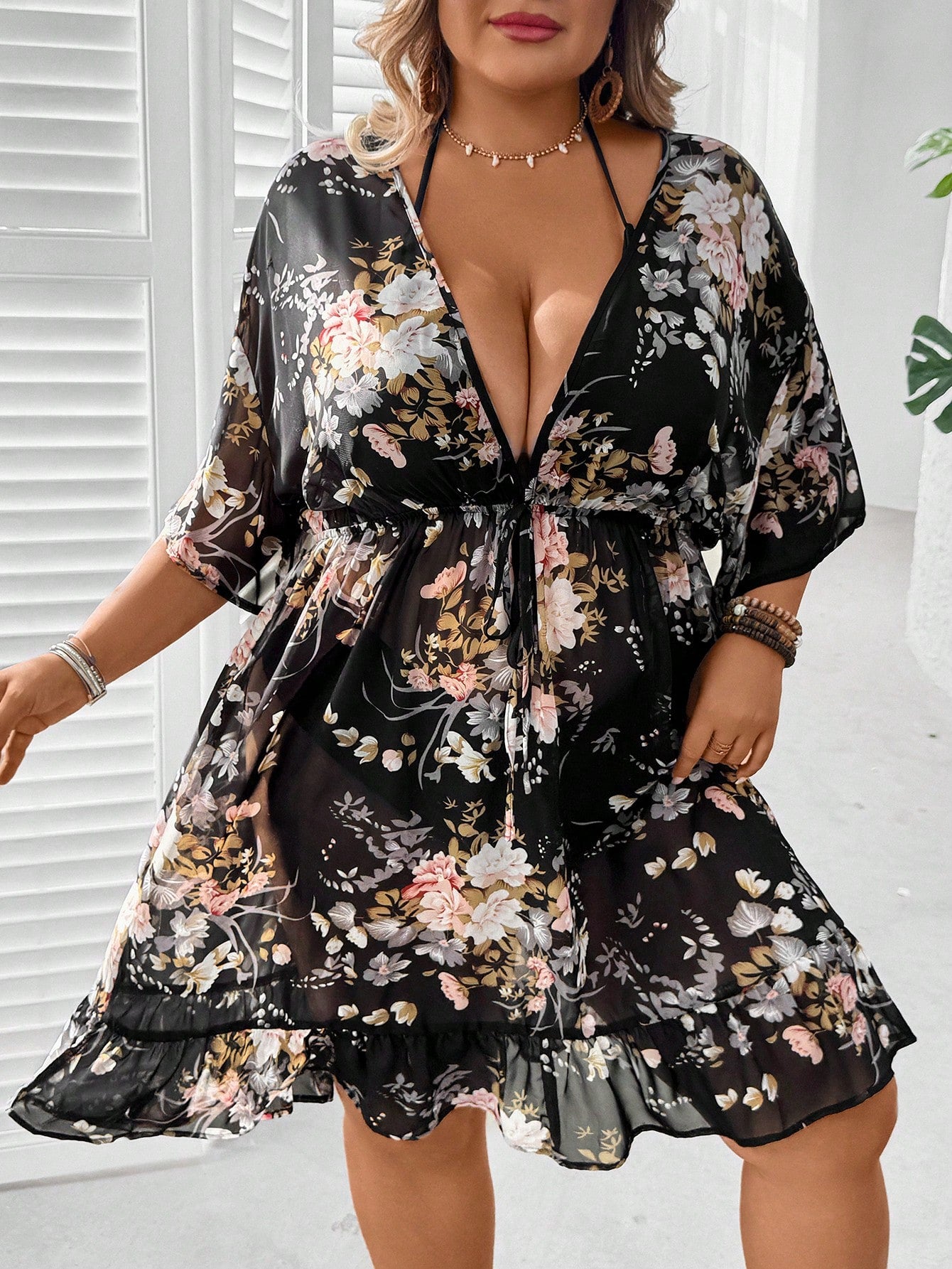 CURVE+ Plus Size Floral Print Tie Front Ruffle Hem Cover Up,Women's Summer Boho Black Beach Holiday Vacation Outfits,Curve Dress For Country Concert Outfit
