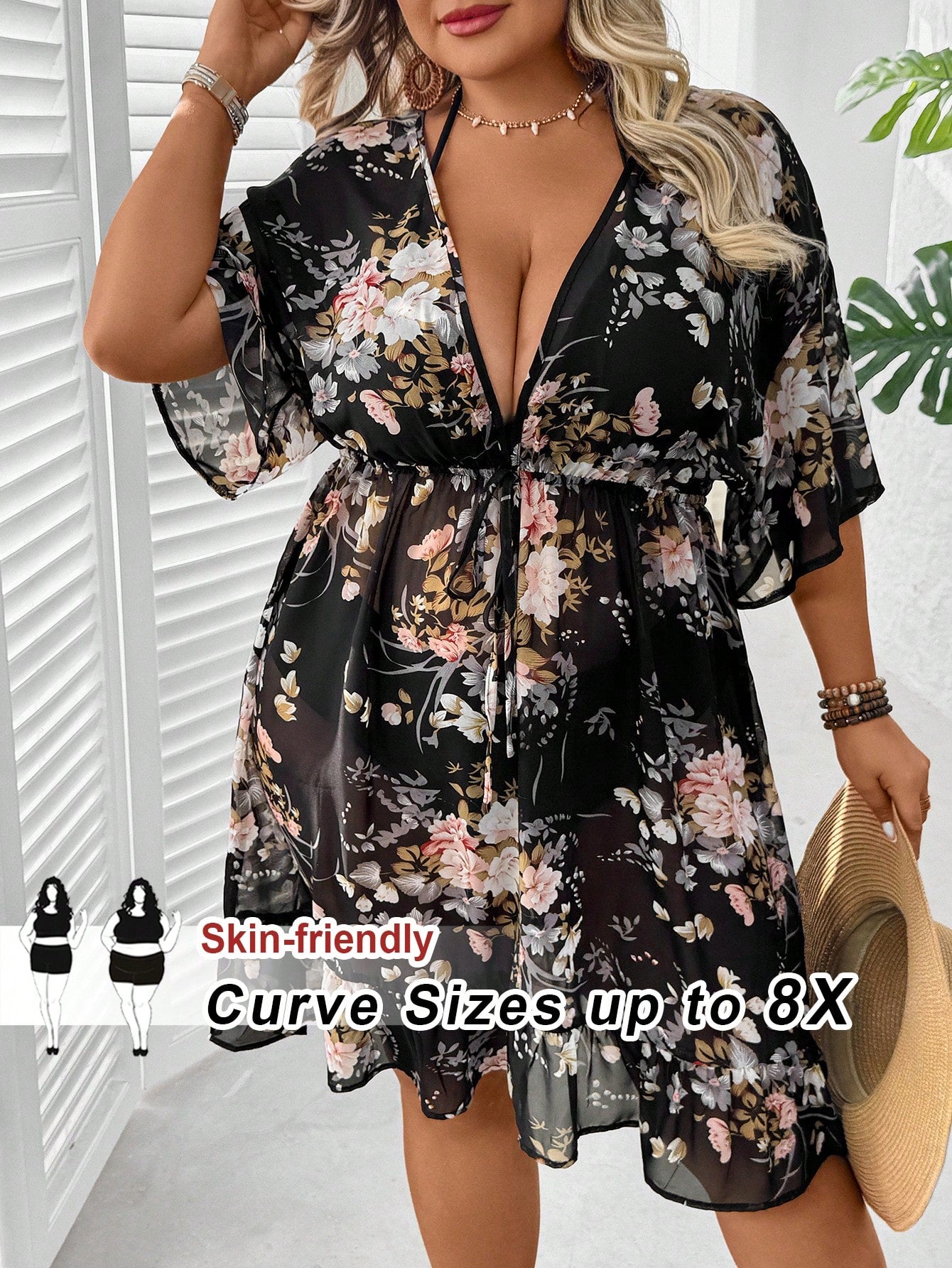 CURVE+ Plus Size Floral Print Tie Front Ruffle Hem Cover Up,Women's Summer Boho Black Beach Holiday Vacation Outfits,Curve Dress For Country Concert Outfit