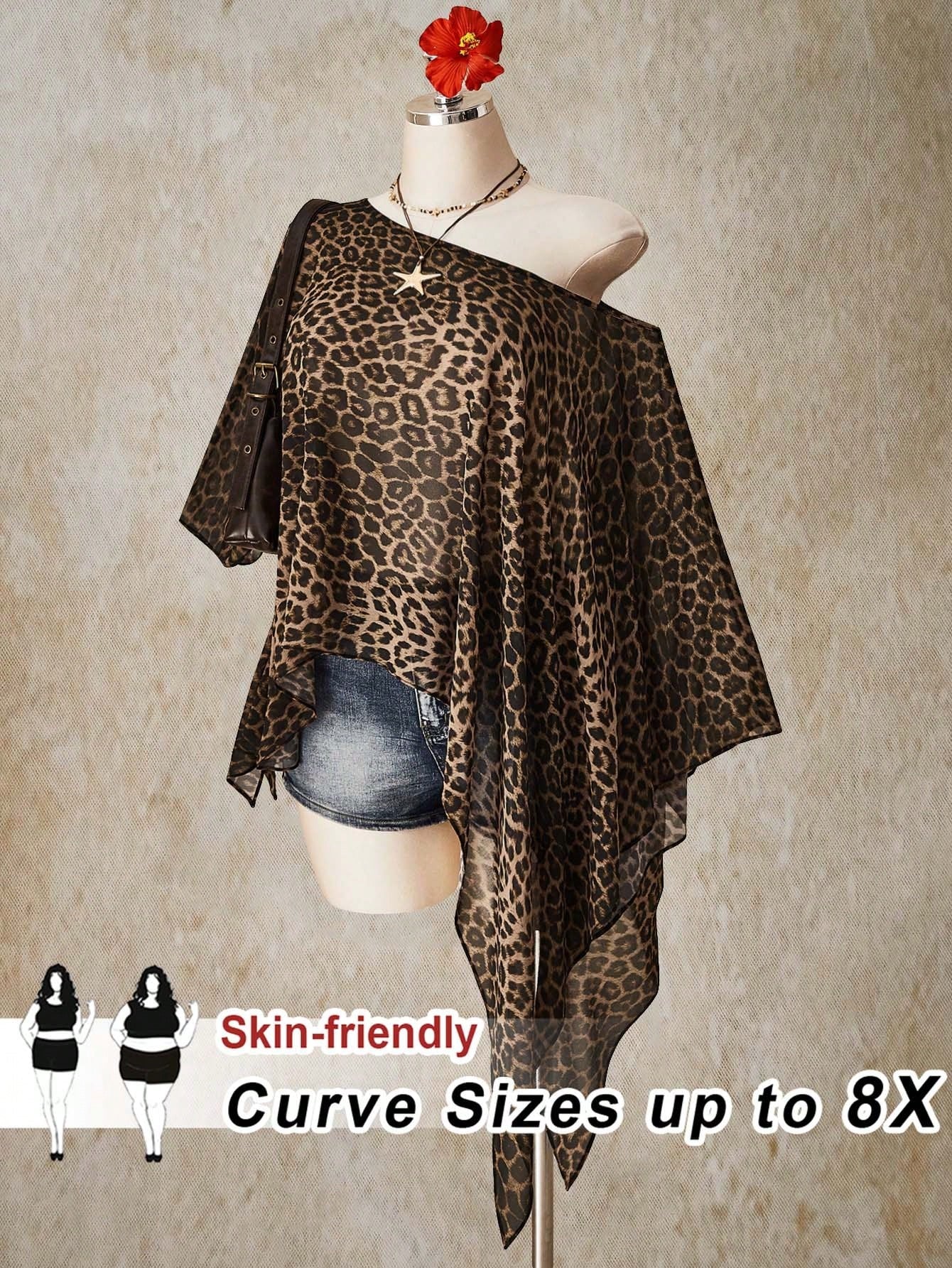 CURVE+ Plus Size Retro 70's Boho Casual Beach Night Party Vacation Millennial Y2K Music Bohemian Leopard Print Loose Top Brown Summer