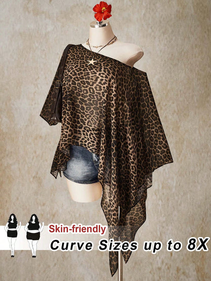 CURVE+ Plus Size Retro 70's Boho Casual Beach Night Party Vacation Millennial Y2K Music Bohemian Leopard Print Loose Top Brown Summer
