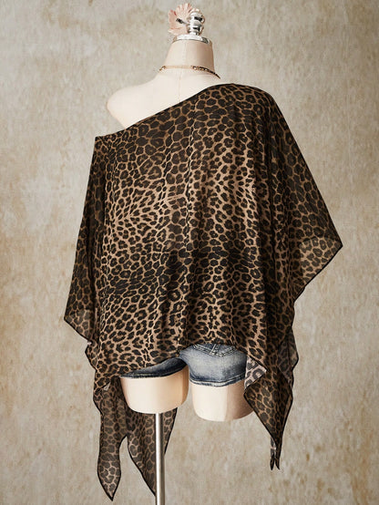 CURVE+ Plus Size Retro 70's Boho Casual Beach Night Party Vacation Millennial Y2K Music Bohemian Leopard Print Loose Top Brown Summer