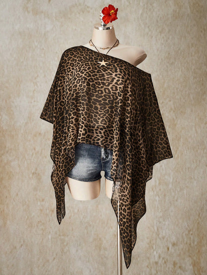 CURVE+ Plus Size Retro 70's Boho Casual Beach Night Party Vacation Millennial Y2K Music Bohemian Leopard Print Loose Top Brown Summer