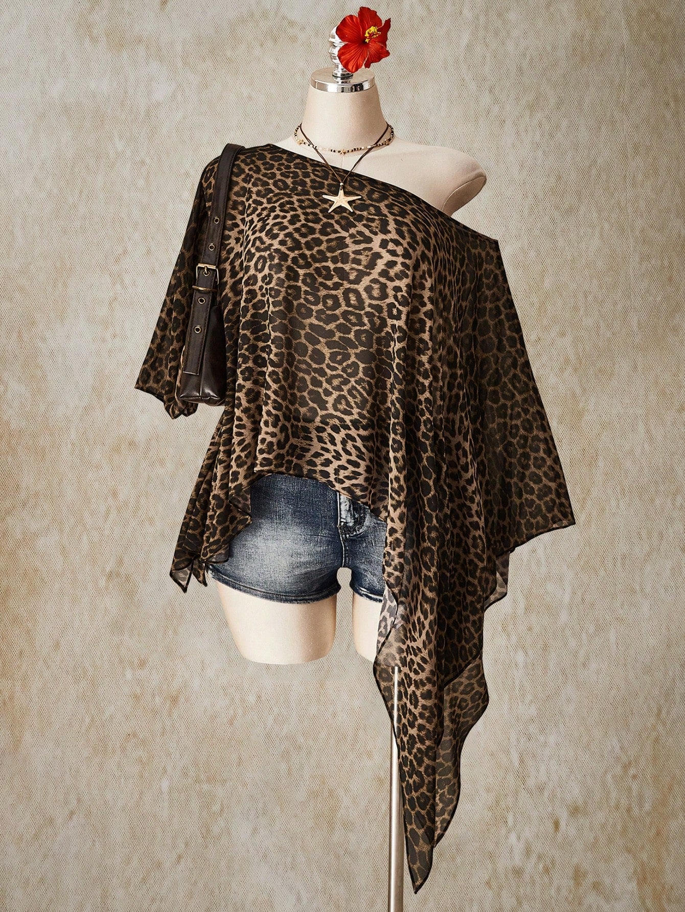 CURVE+ Plus Size Retro 70's Boho Casual Beach Night Party Vacation Millennial Y2K Music Bohemian Leopard Print Loose Top Brown Summer