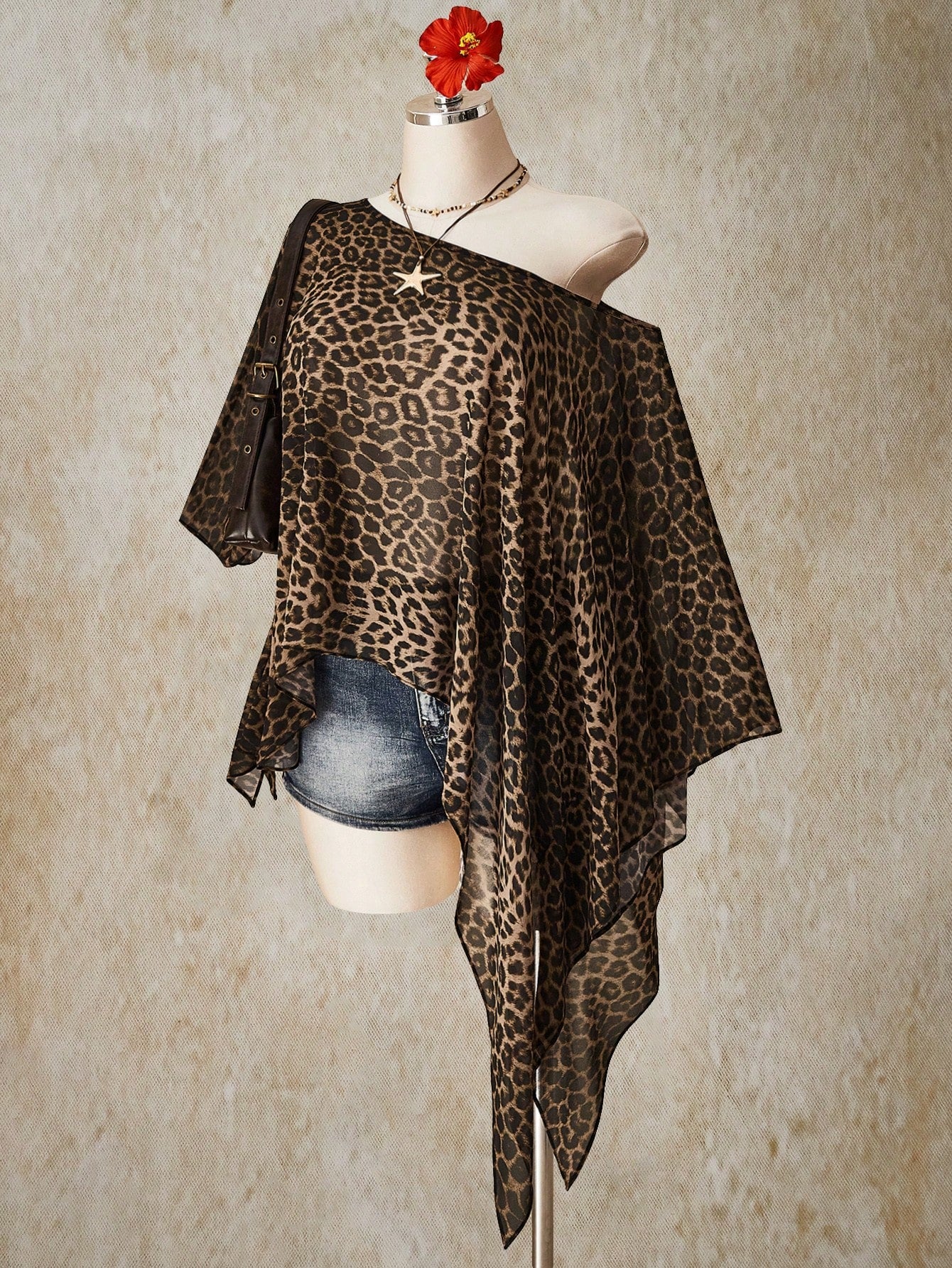 CURVE+ Plus Size Retro 70's Boho Casual Beach Night Party Vacation Millennial Y2K Music Bohemian Leopard Print Loose Top Brown Summer