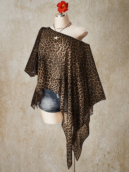 CURVE+ Plus Size Retro 70's Boho Casual Beach Night Party Vacation Millennial Y2K Music Bohemian Leopard Print Loose Top Brown Summer