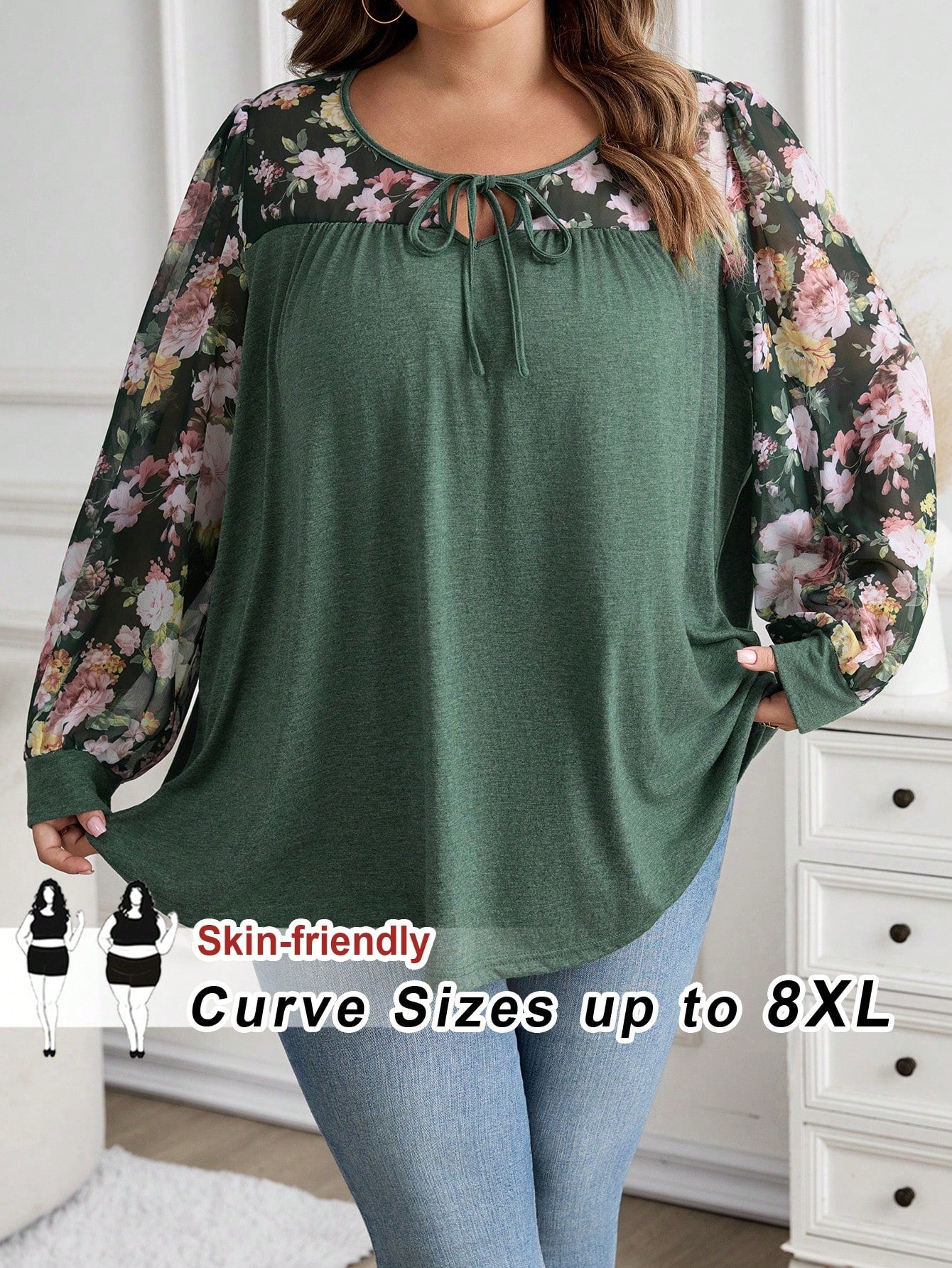CURVE+ Plus Size V-Neck Knotted Floral Print Casual Versatile Long Sleeve T-Shirt/Winter Fall