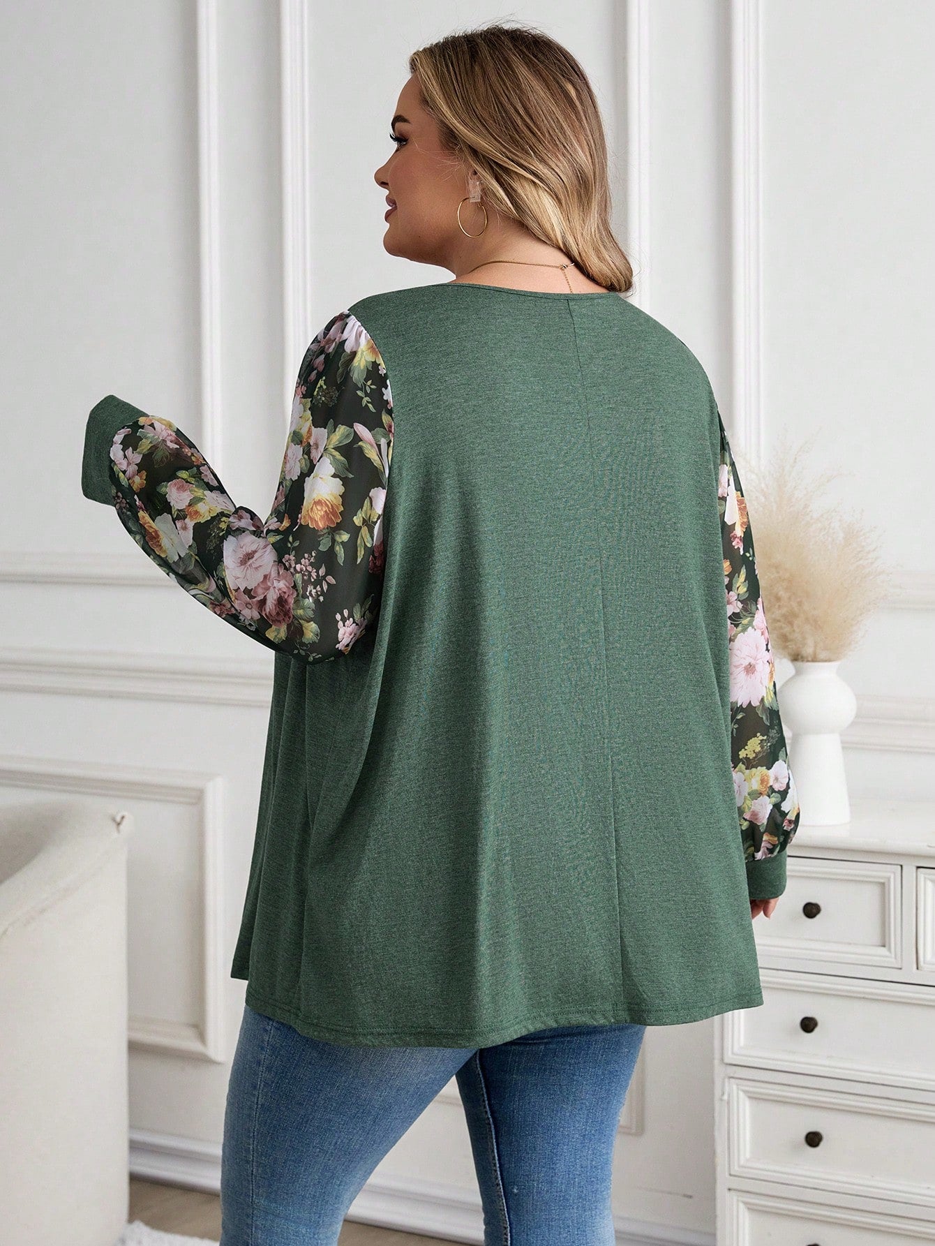 CURVE+ Plus Size V-Neck Knotted Floral Print Casual Versatile Long Sleeve T-Shirt/Winter Fall