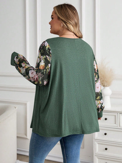 CURVE+ Plus Size V-Neck Knotted Floral Print Casual Versatile Long Sleeve T-Shirt/Winter Fall