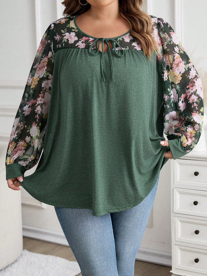 CURVE+ Plus Size V-Neck Knotted Floral Print Casual Versatile Long Sleeve T-Shirt/Winter Fall