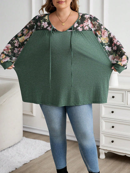 CURVE+ Plus Size V-Neck Knotted Floral Print Casual Versatile Long Sleeve T-Shirt/Winter Fall