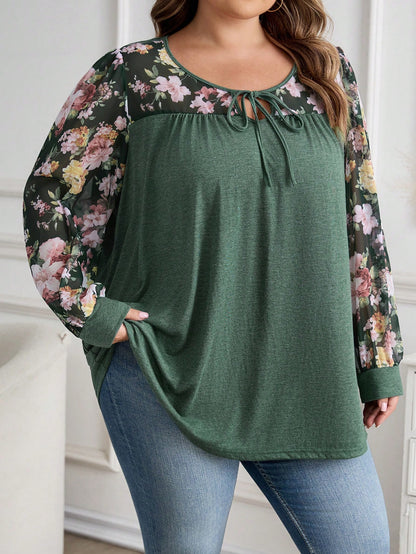 CURVE+ Plus Size V-Neck Knotted Floral Print Casual Versatile Long Sleeve T-Shirt/Winter Fall