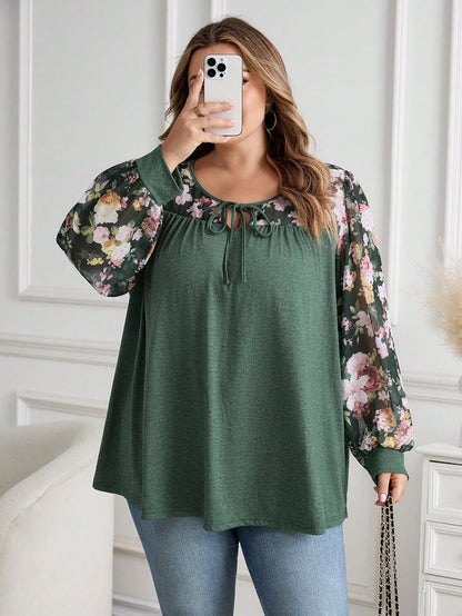 CURVE+ Plus Size V-Neck Knotted Floral Print Casual Versatile Long Sleeve T-Shirt/Winter Fall